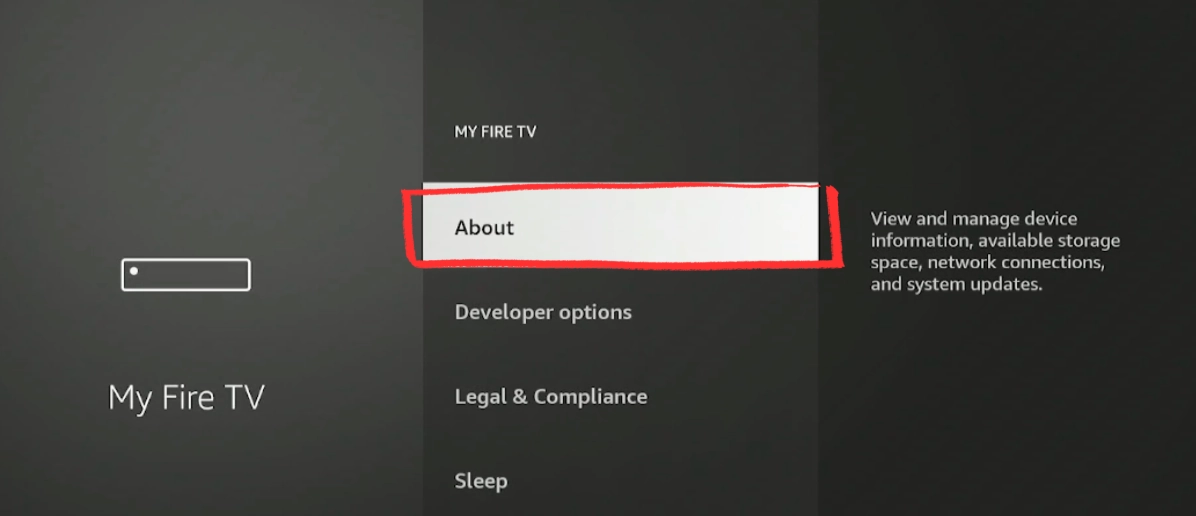 Select About in My Fire TV menu on Fire Stick to unlock developer options for IPTV app install
