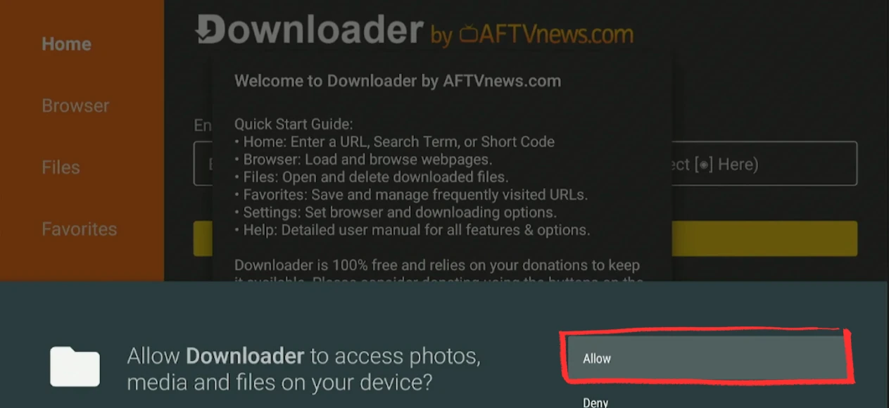Press Allow to grant Downloader file access on Fire Stick before downloading TiviMate