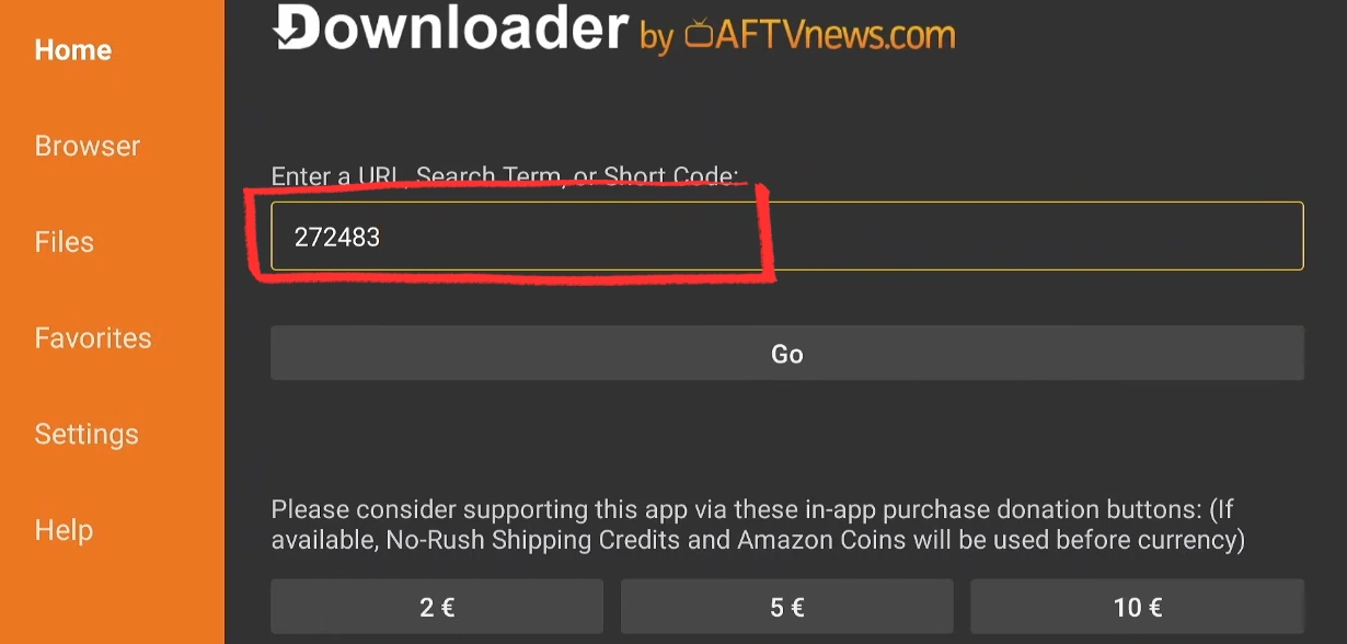 Enter TiviMate short code 272483 in Downloader app on Fire Stick then press GO to install