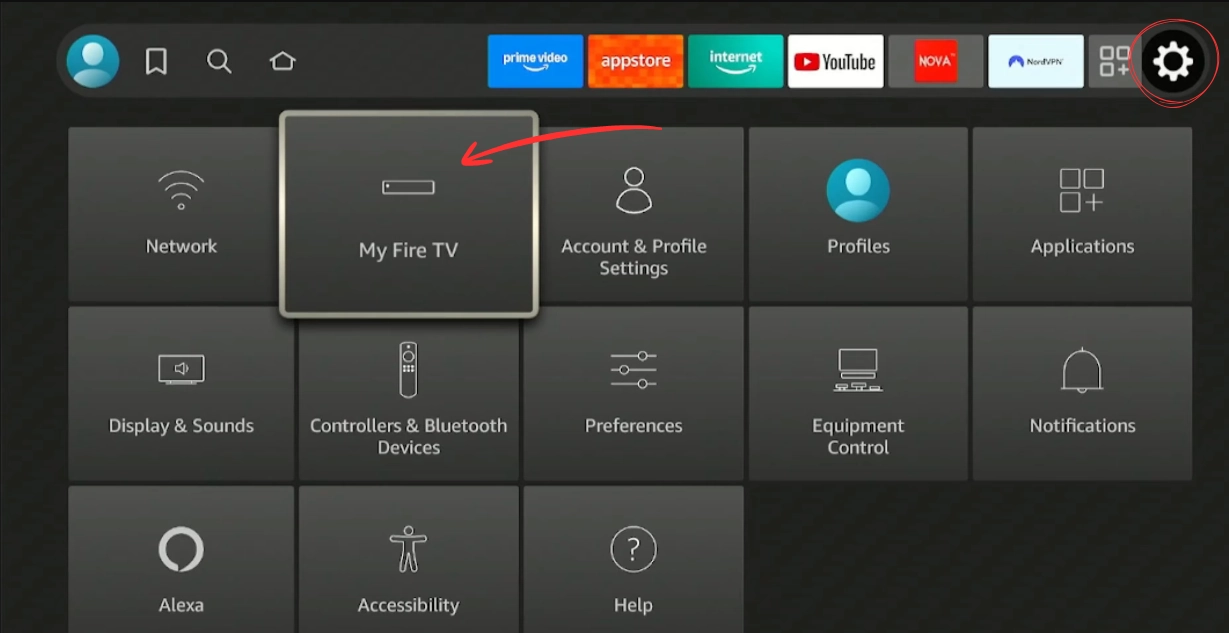 Open Fire Stick Settings and select My Fire TV to access developer options for IPTV sideloading