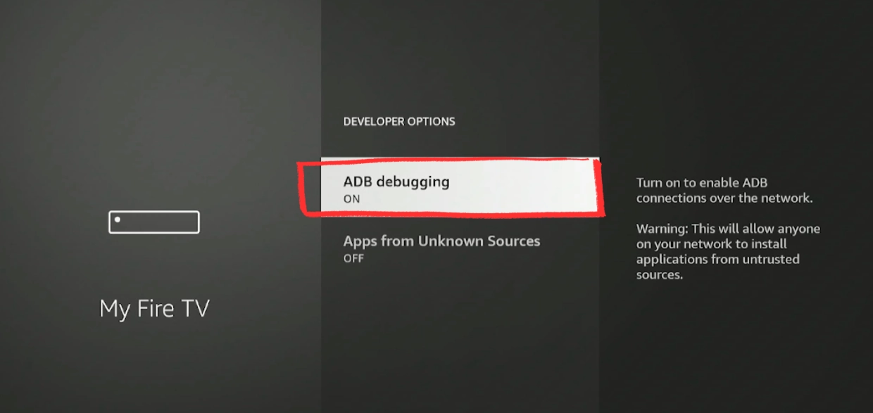 Enable ADB Debugging ON in Fire Stick developer options required before installing TiviMate IPTV