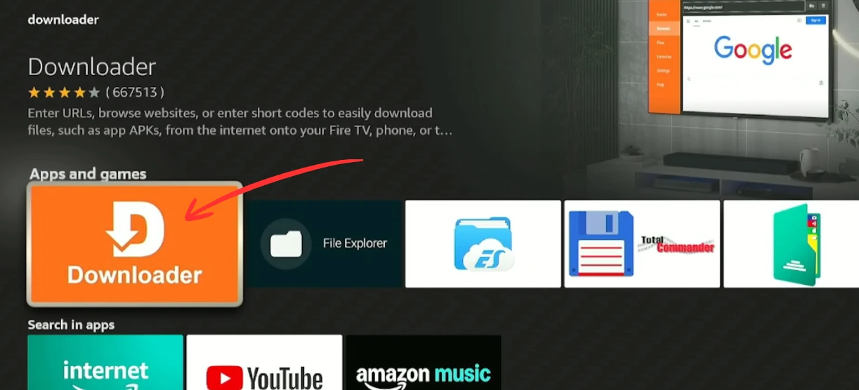 Select Downloader app from Fire Stick search results to install TiviMate IPTV player