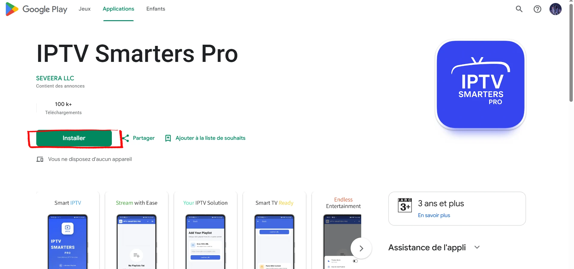 Install IPTV Smarters Pro by SEVEERA LLC from Google Play Store on Android phone — 100k plus downloads