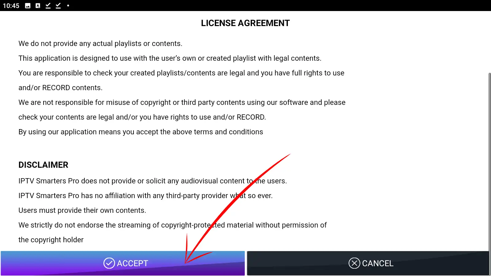 Accept IPTV Smarters Pro license agreement on Android phone — tap Accept to complete the installation