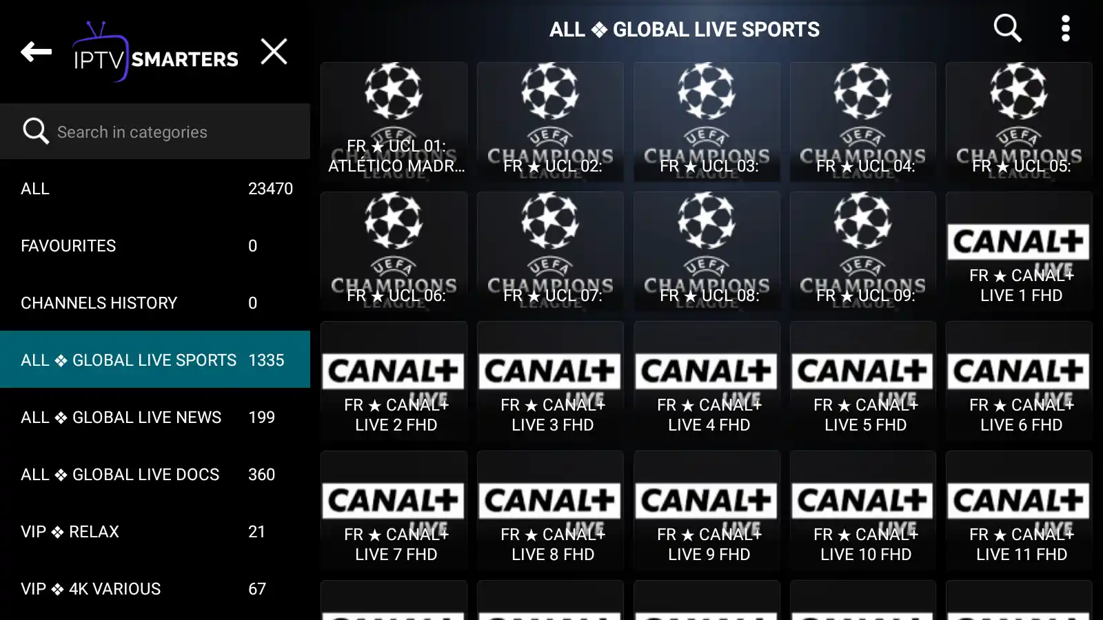 IPTV Smarters Pro channel list on Android phone showing 23470 total channels including live sports and Canal Plus FHD