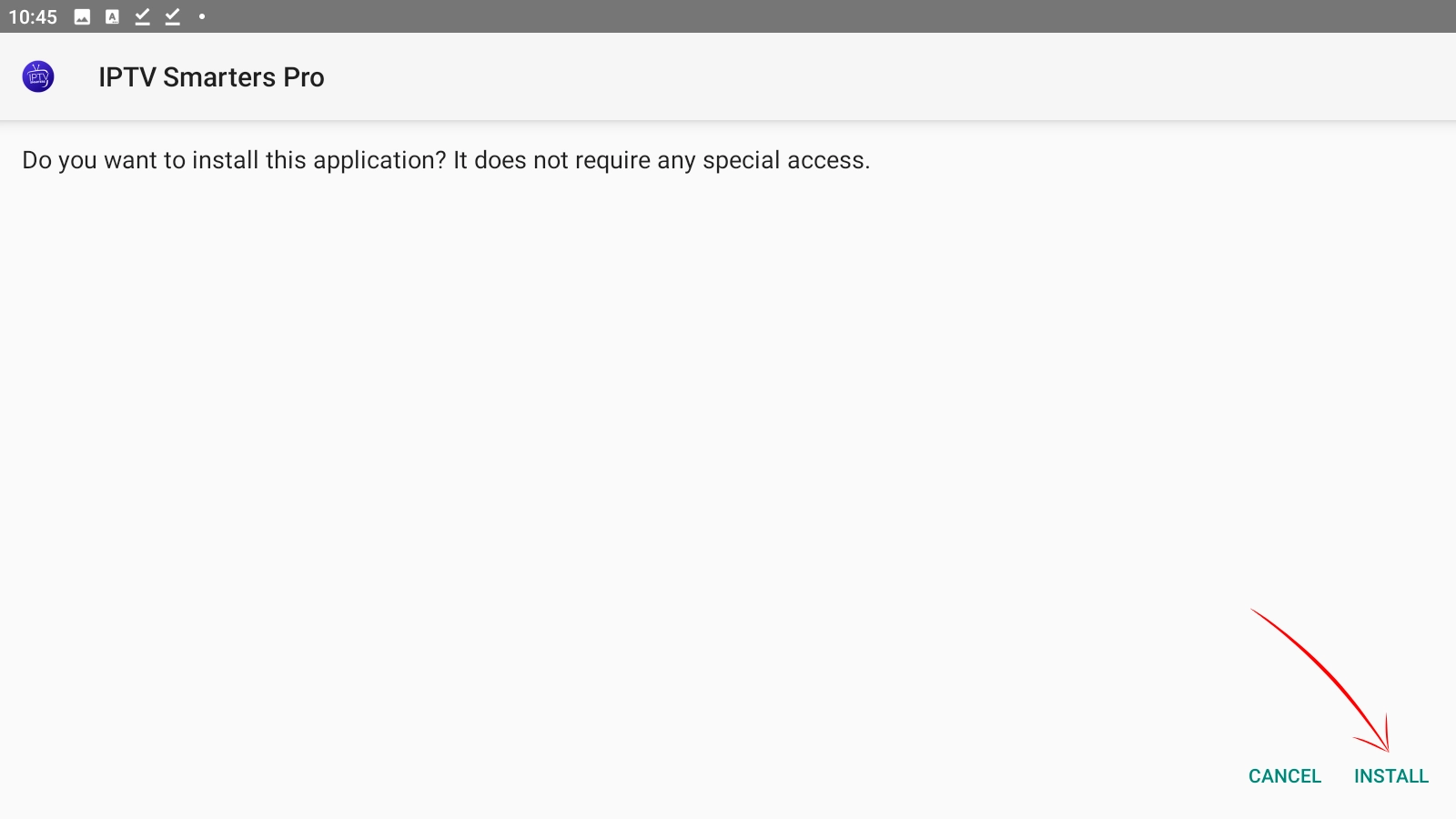 IPTV Smarters Pro install confirmation on Android phone — tap Install to set up the IPTV app