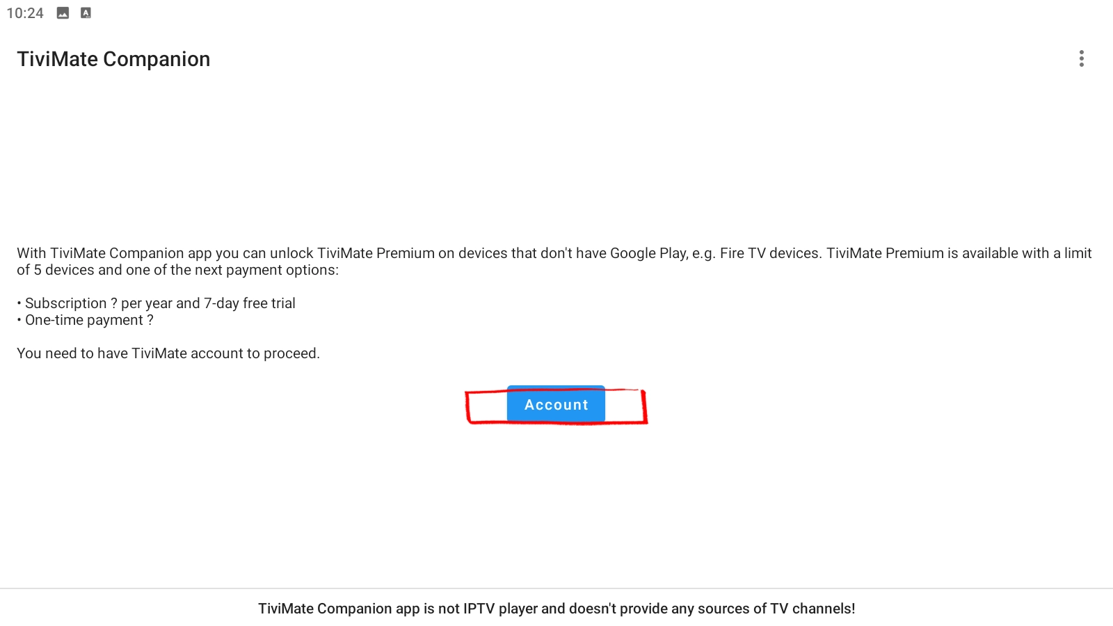 TiviMate Companion app on Android phone — tap Account to choose your Premium plan and activate TiviMate
