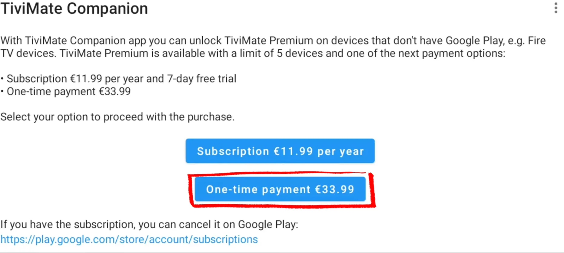 TiviMate Premium pricing on Android — choose Annual 11.99 per year or Lifetime one-time payment 33.99