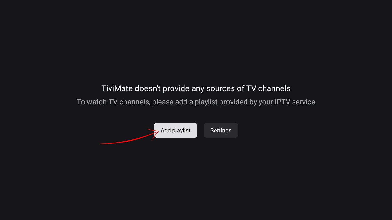 TiviMate first launch on Android phone — tap Add Playlist to connect your IPTV service and load channels
