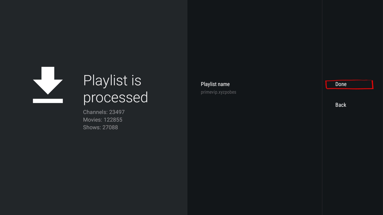 TiviMate playlist processed on Android phone showing 23497 channels 122855 movies — tap Done to finish setup