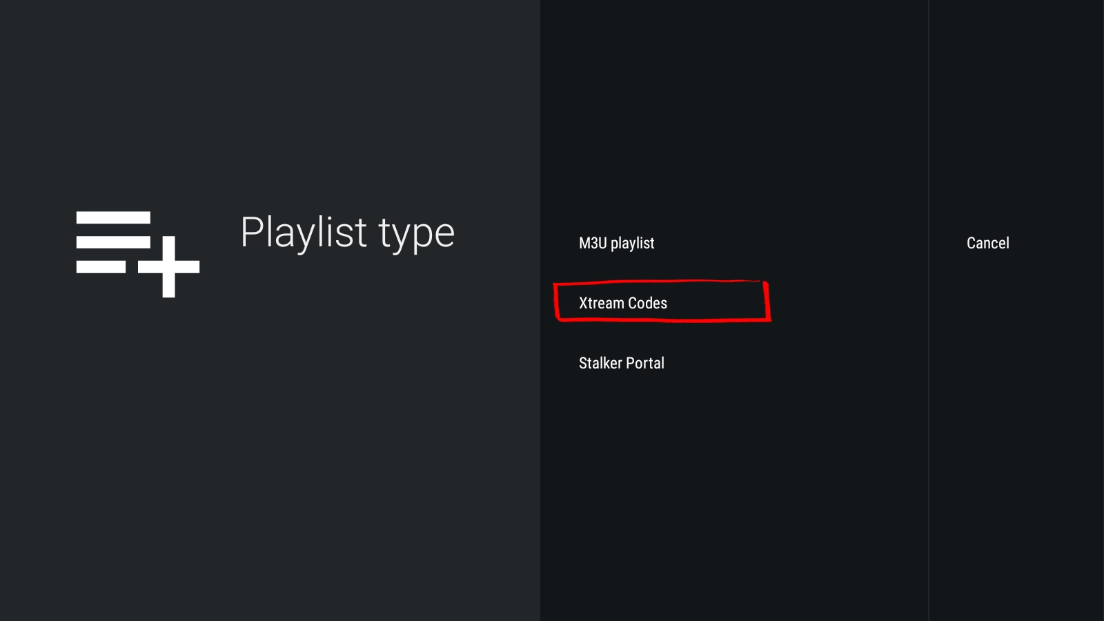 Select Xtream Codes in TiviMate playlist type screen on Android phone to add IPTV with server credentials