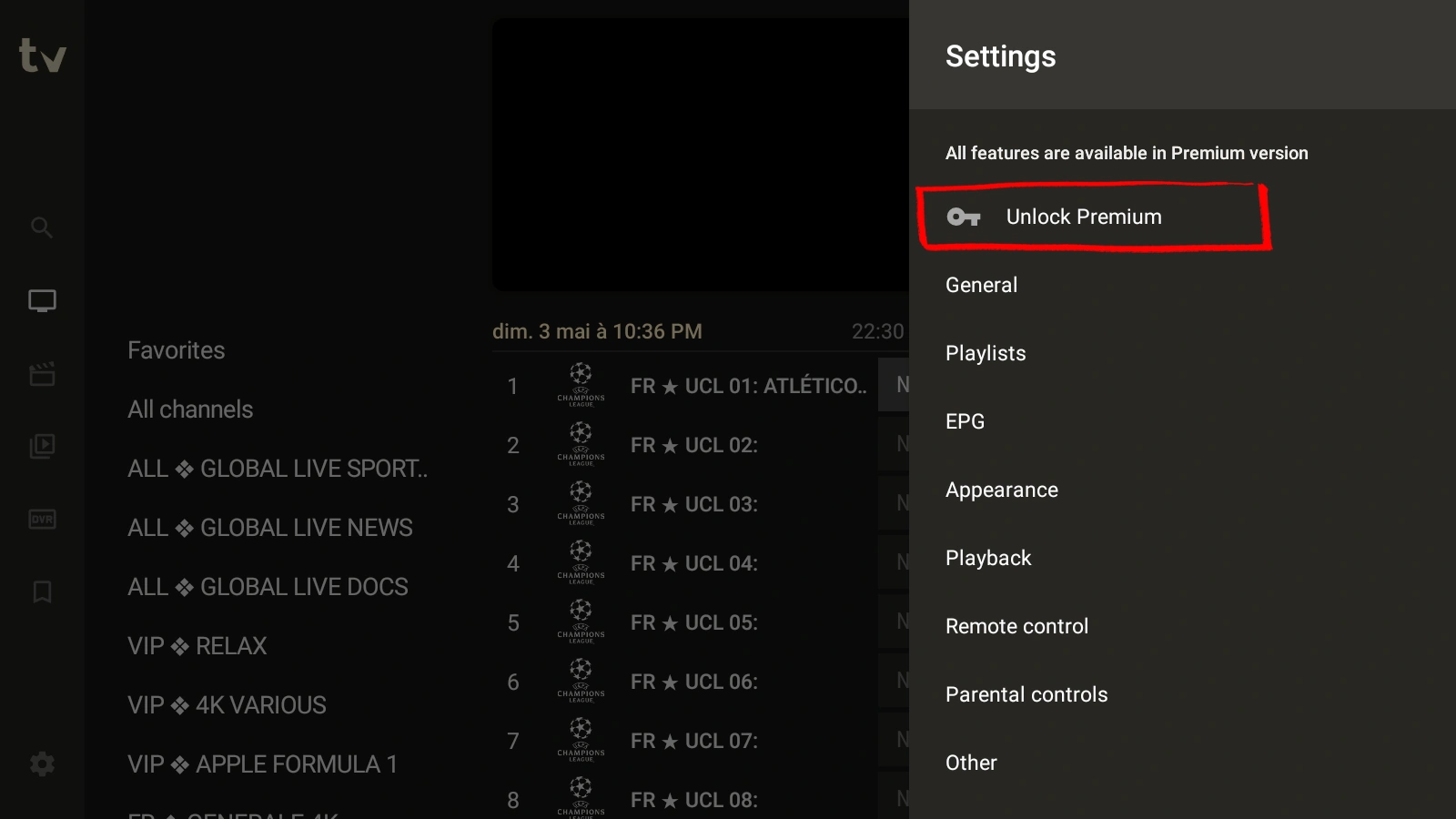 TiviMate Settings on Android phone — tap Unlock Premium to access all features including EPG and recording