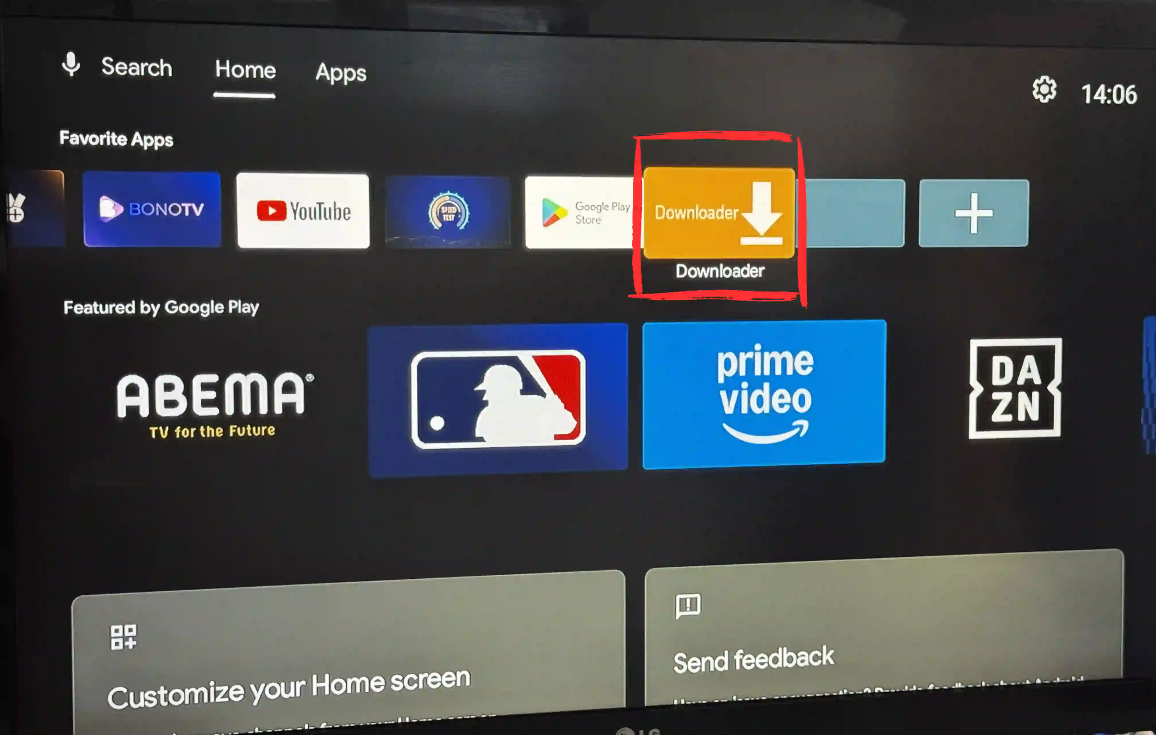 Downloader app installed on Android TV Box home screen in Favorite Apps ready to sideload TiviMate IPTV