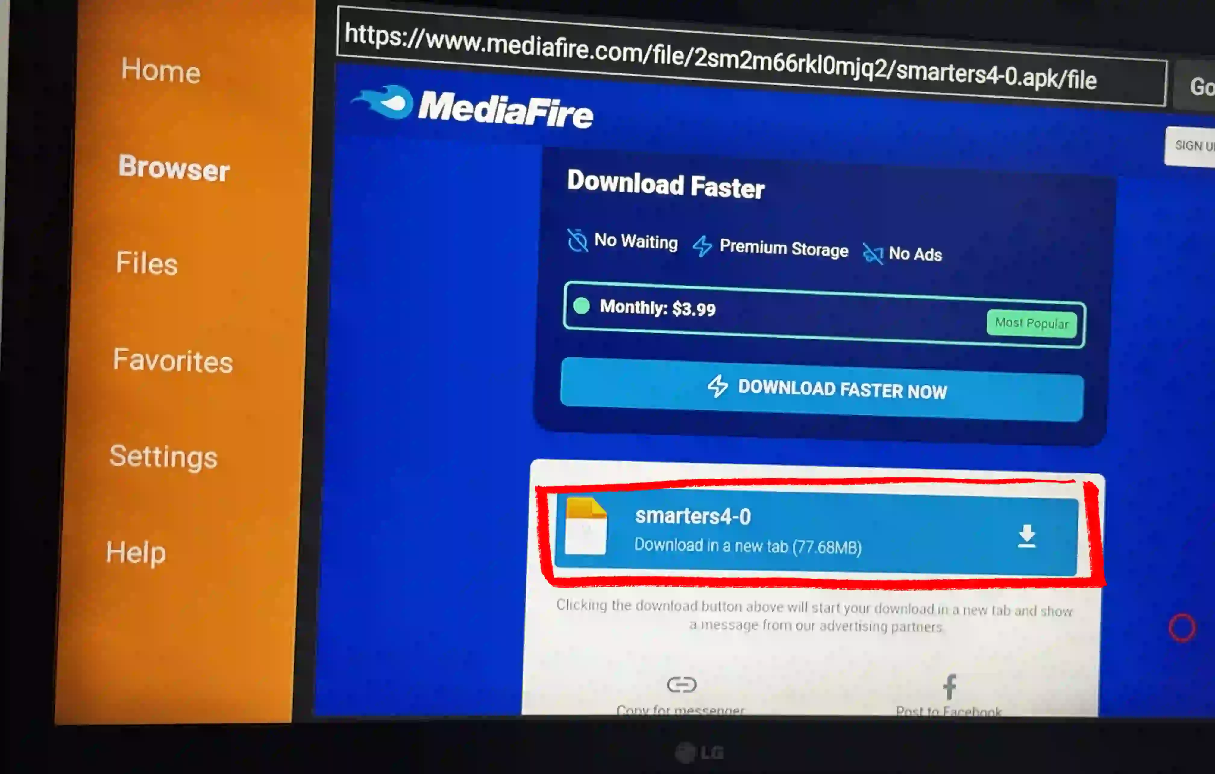 Downloader app downloading IPTV Smarters Pro APK from Mediafire on Android TV Box