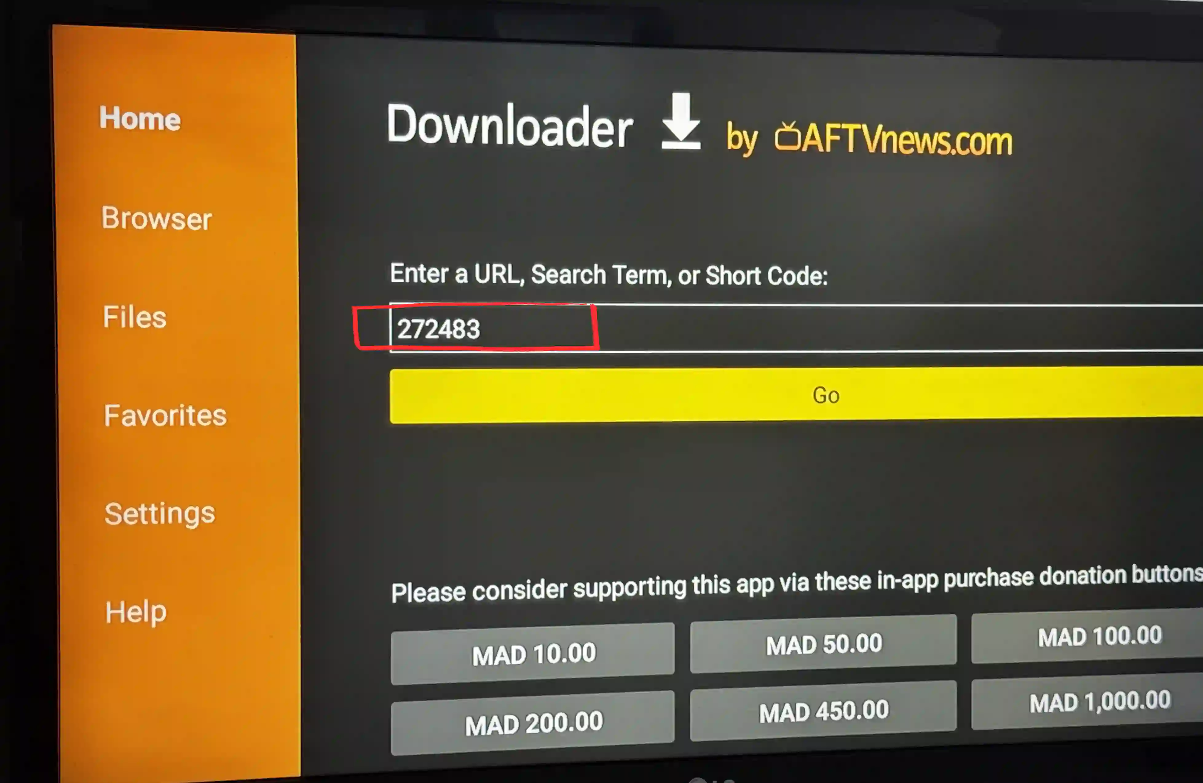 Enter code 272483 in Downloader app on Android TV Box to download and install TiviMate IPTV player