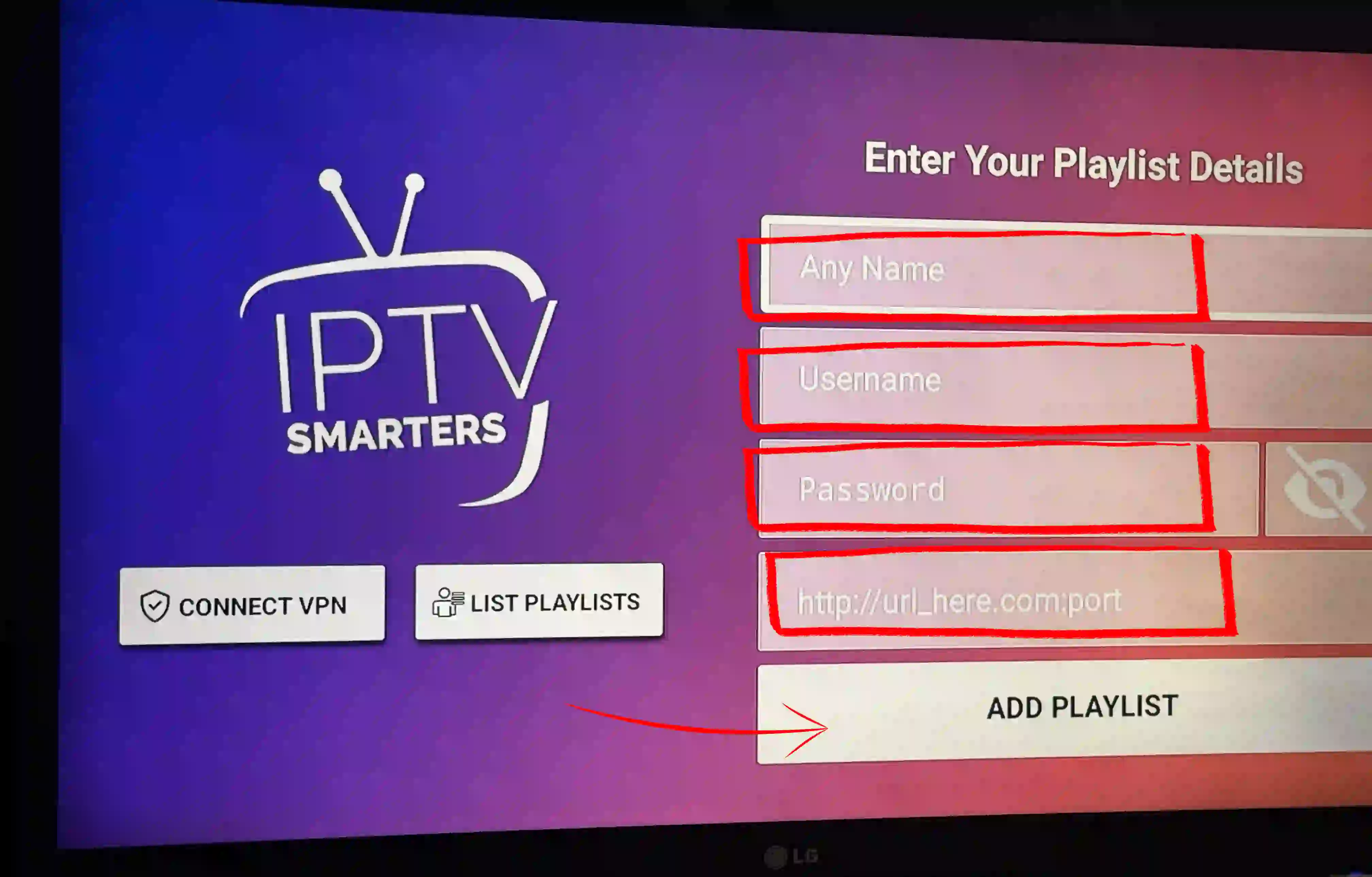 IPTV Smarters Pro Xtream Codes login screen on Android TV Box (Play Store install) — enter server URL username and password