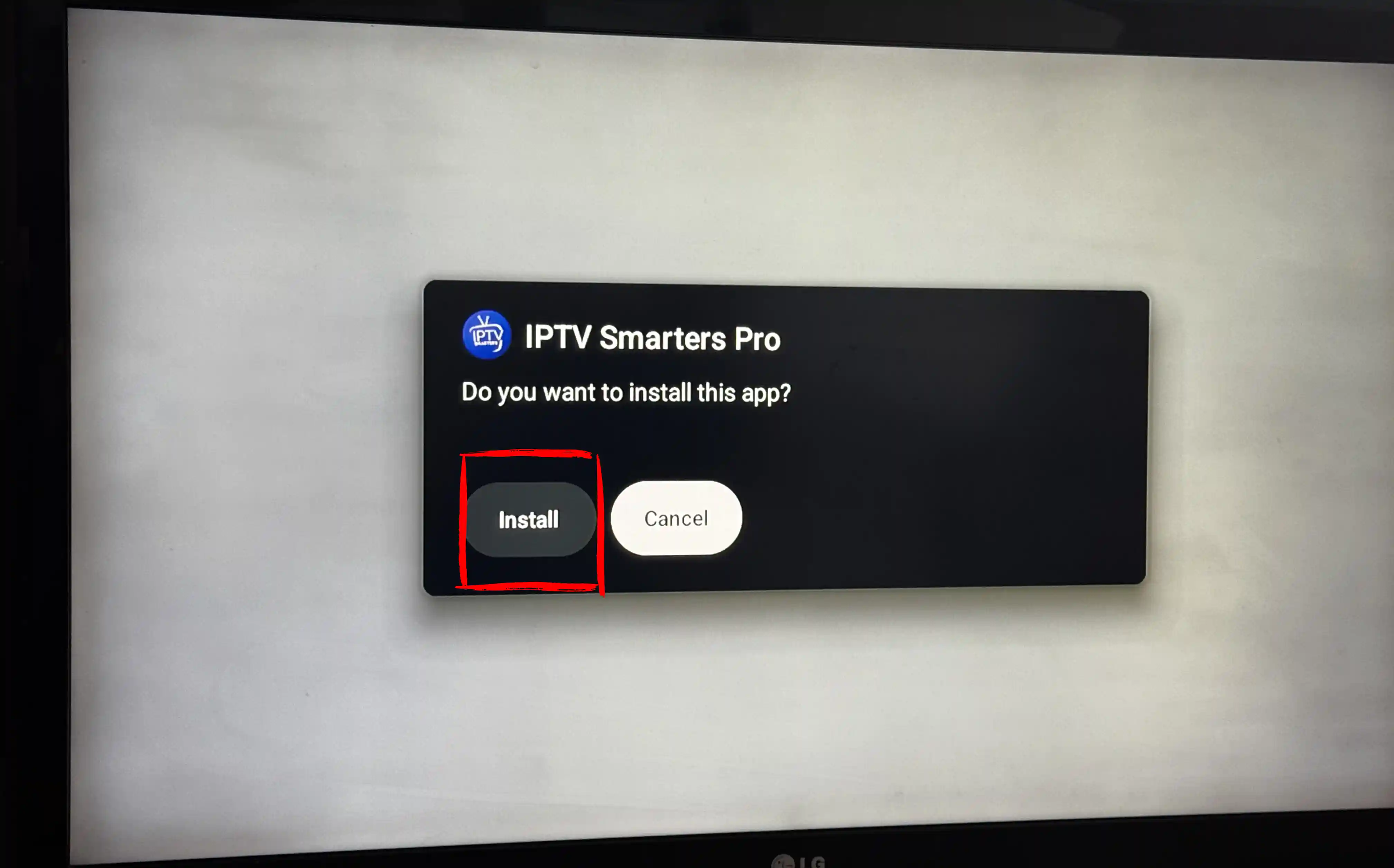 IPTV Smarters Pro install confirmation popup on Android TV Box — press Install to complete setup