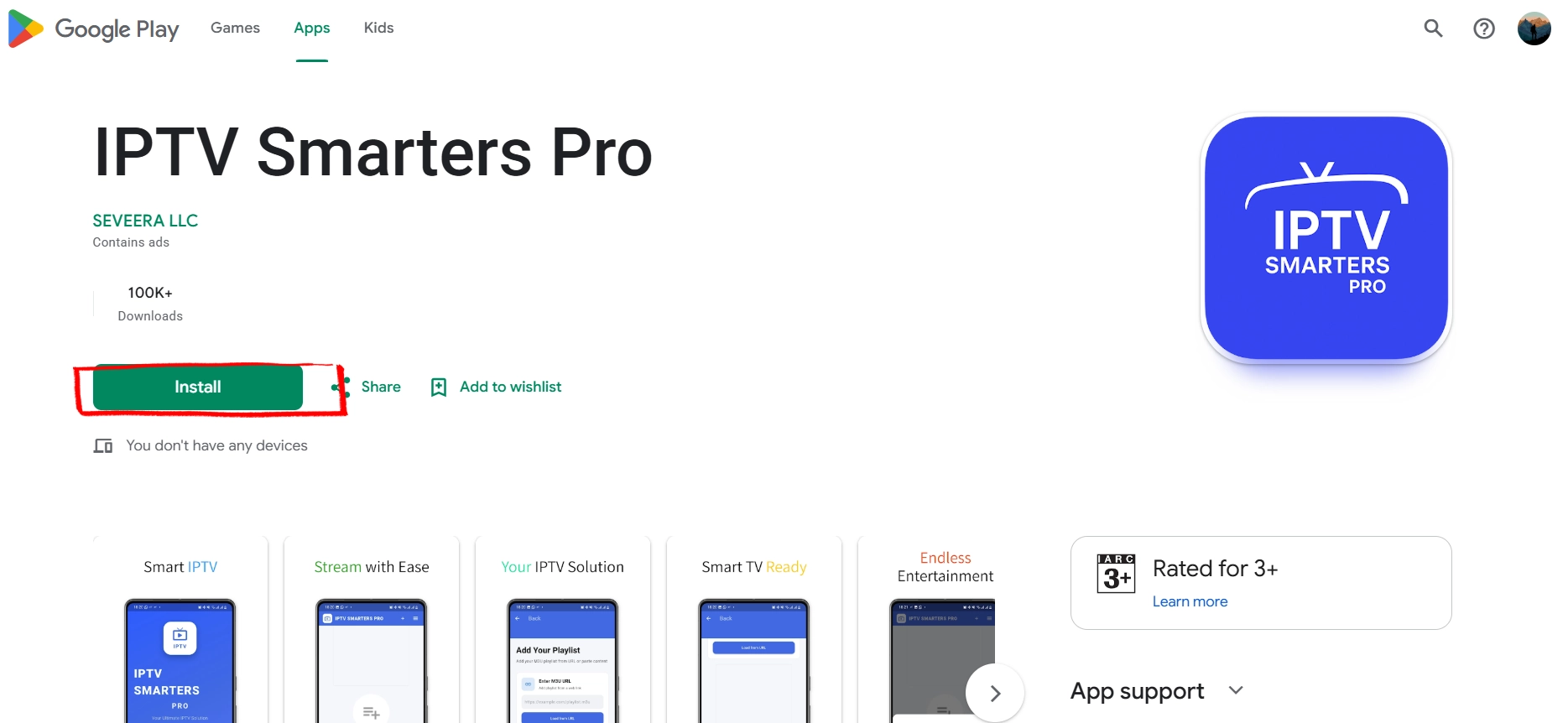 IPTV Smarters Pro install page on Google Play Store for Android TV Box IPTV setup