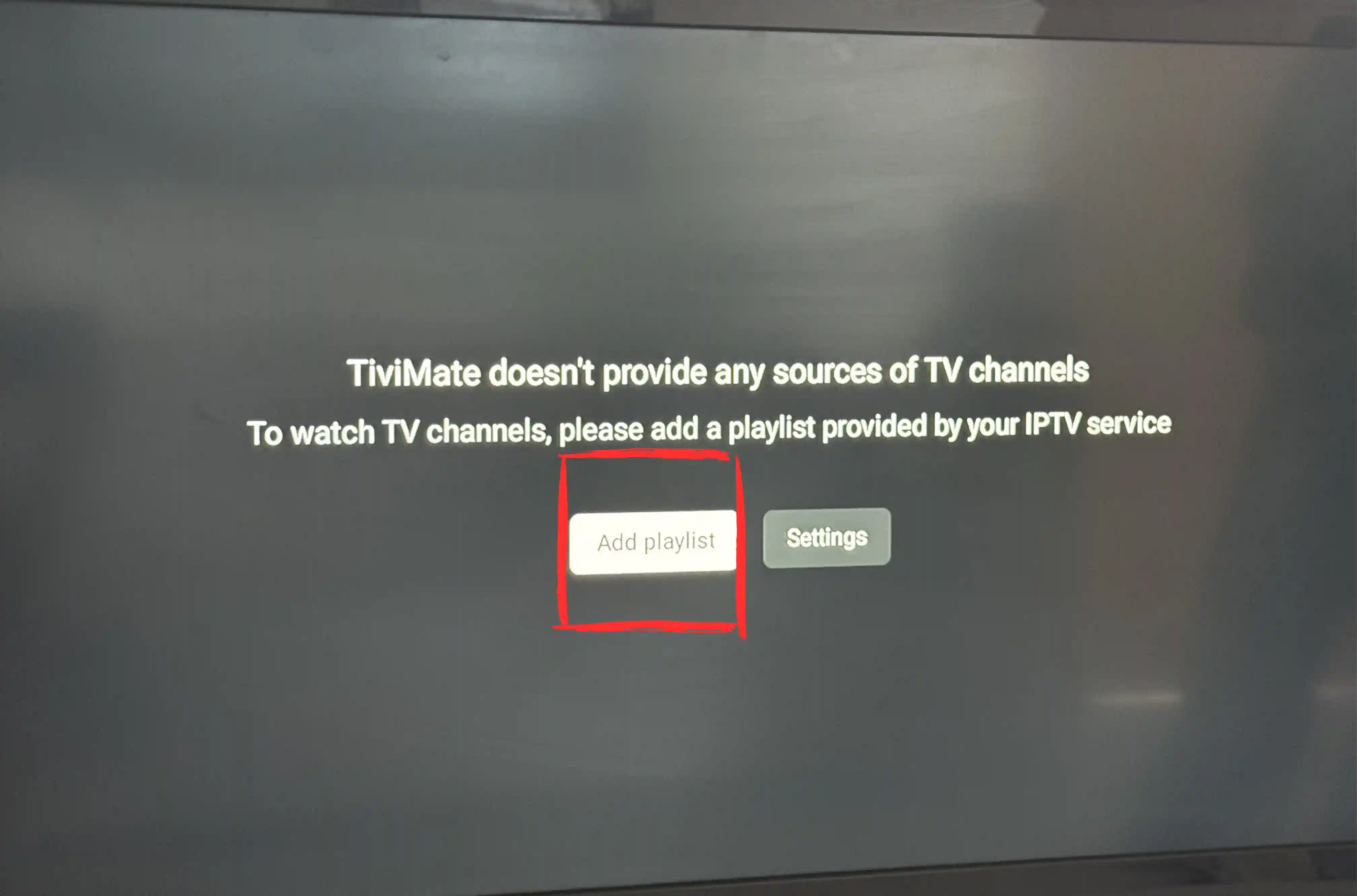 TiviMate first launch on Android TV Box via Google Play — Add Playlist button to connect IPTV service