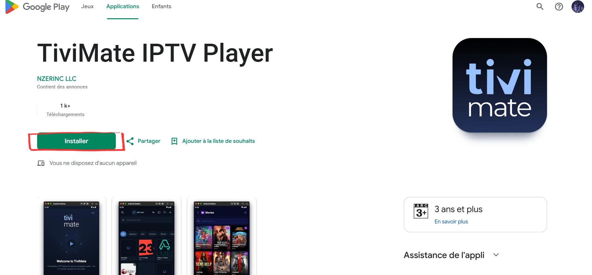 TiviMate IPTV Player install page on Google Play Store for Android TV Box