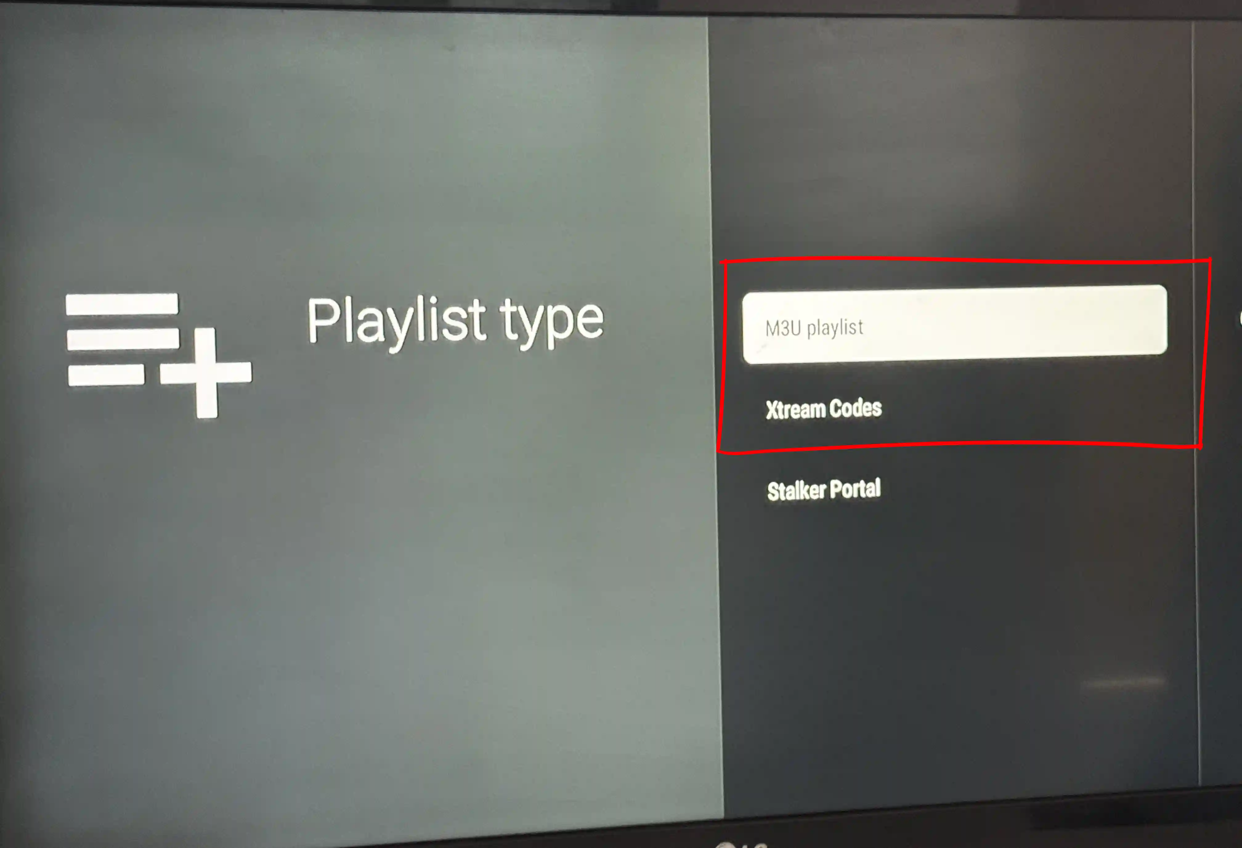 TiviMate playlist type selection on Android TV Box (Play Store install) — choose Xtream Codes M3U or Stalker Portal