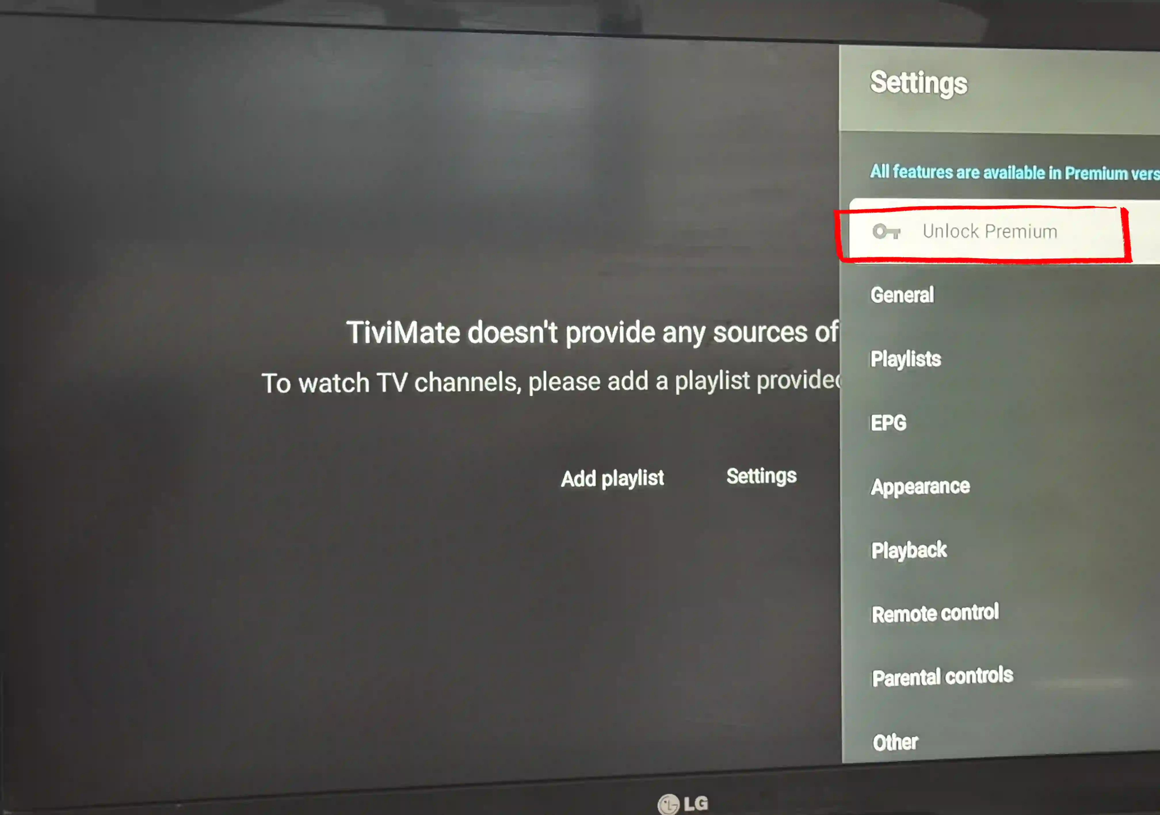 TiviMate settings menu on Android TV Box showing Unlock Premium option
