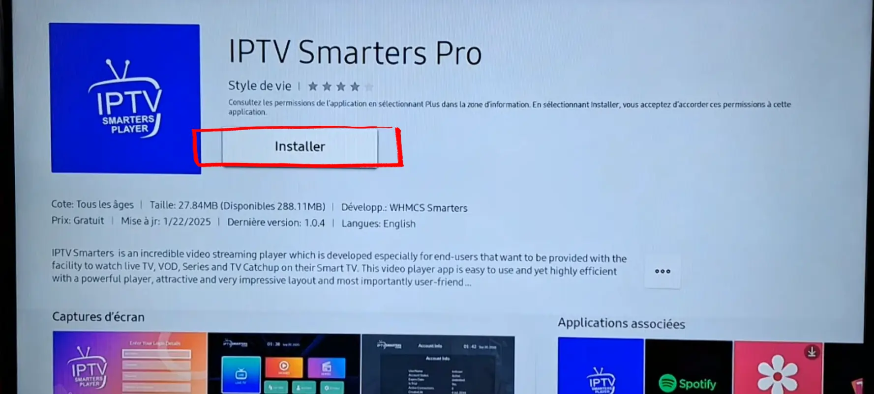 Install IPTV Smarters Pro from Samsung Tizen App Store on Smart TV — search and press Install button