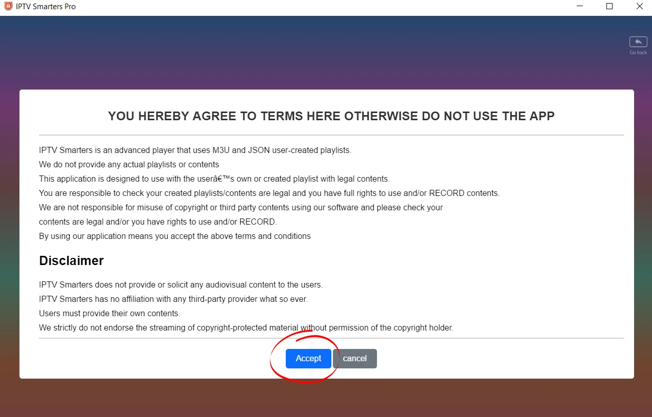 IPTV Smarters Pro terms and disclaimer screen on Windows — click Accept to proceed with IPTV setup