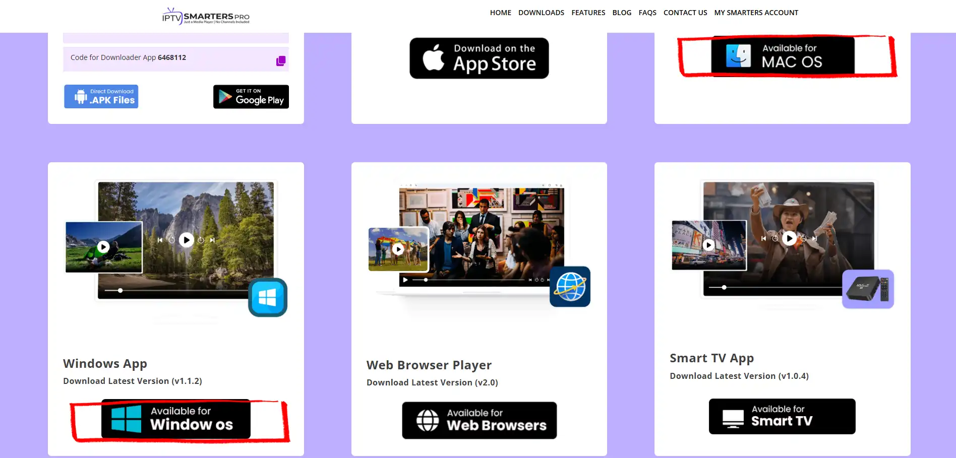 IPTV Smarters Pro official download page on iptvsmarters.com — select Windows or Mac installer to download desktop IPTV app
