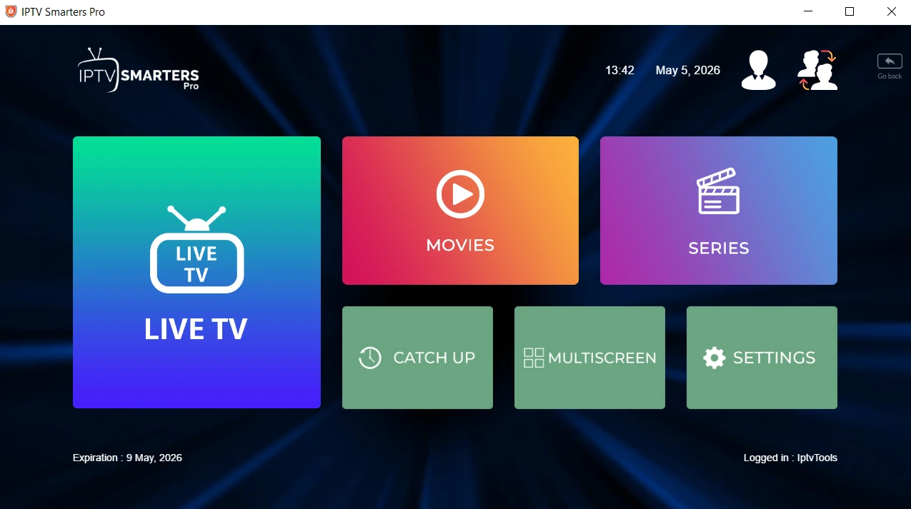 IPTV Smarters Pro main dashboard on Windows PC showing Live TV Movies Series and Settings after successful IPTV setup