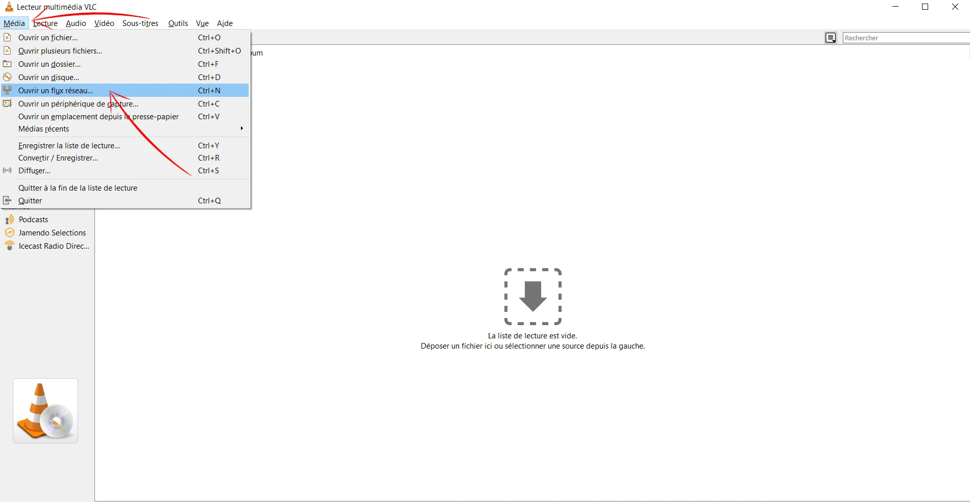 VLC Media Player on Windows — click Media then Open Network Stream to load IPTV M3U playlist URL