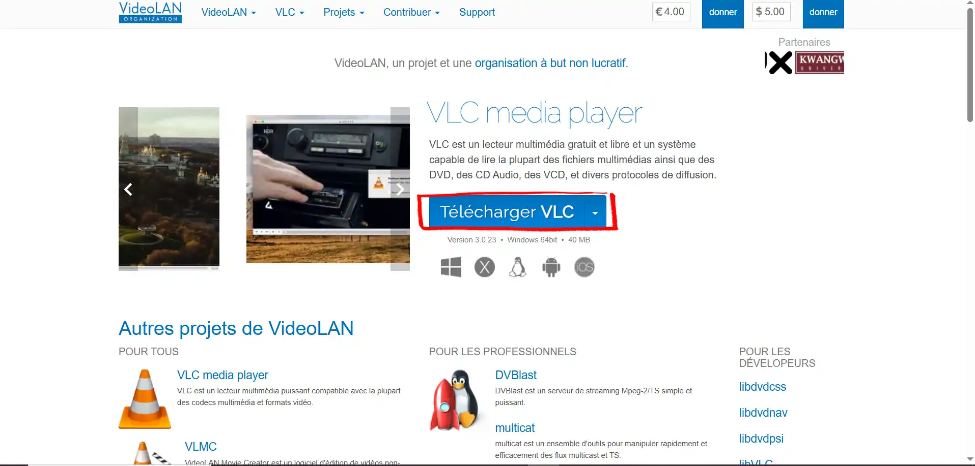 VLC Media Player download page on videolan.org — click Download VLC for Windows or Mac to install free IPTV player