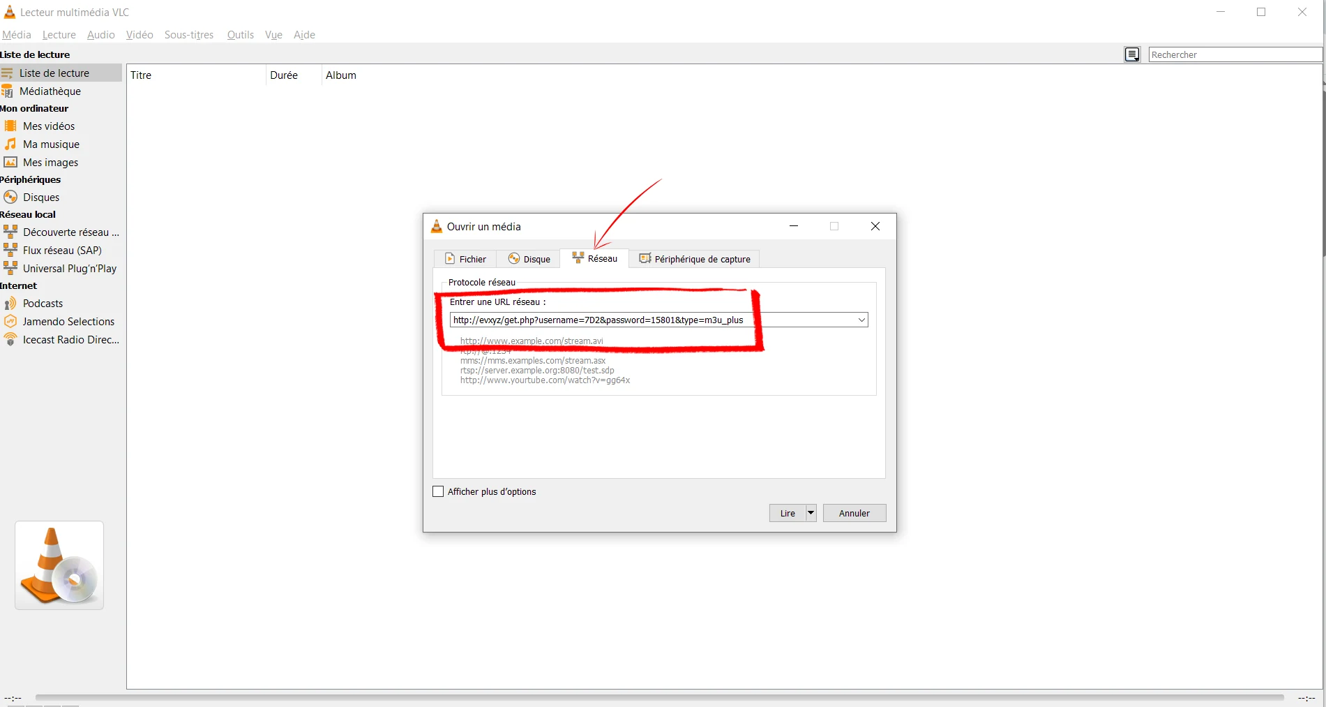 VLC Open Network Stream dialog on Windows — paste your M3U URL in the network URL field then click Play to stream IPTV