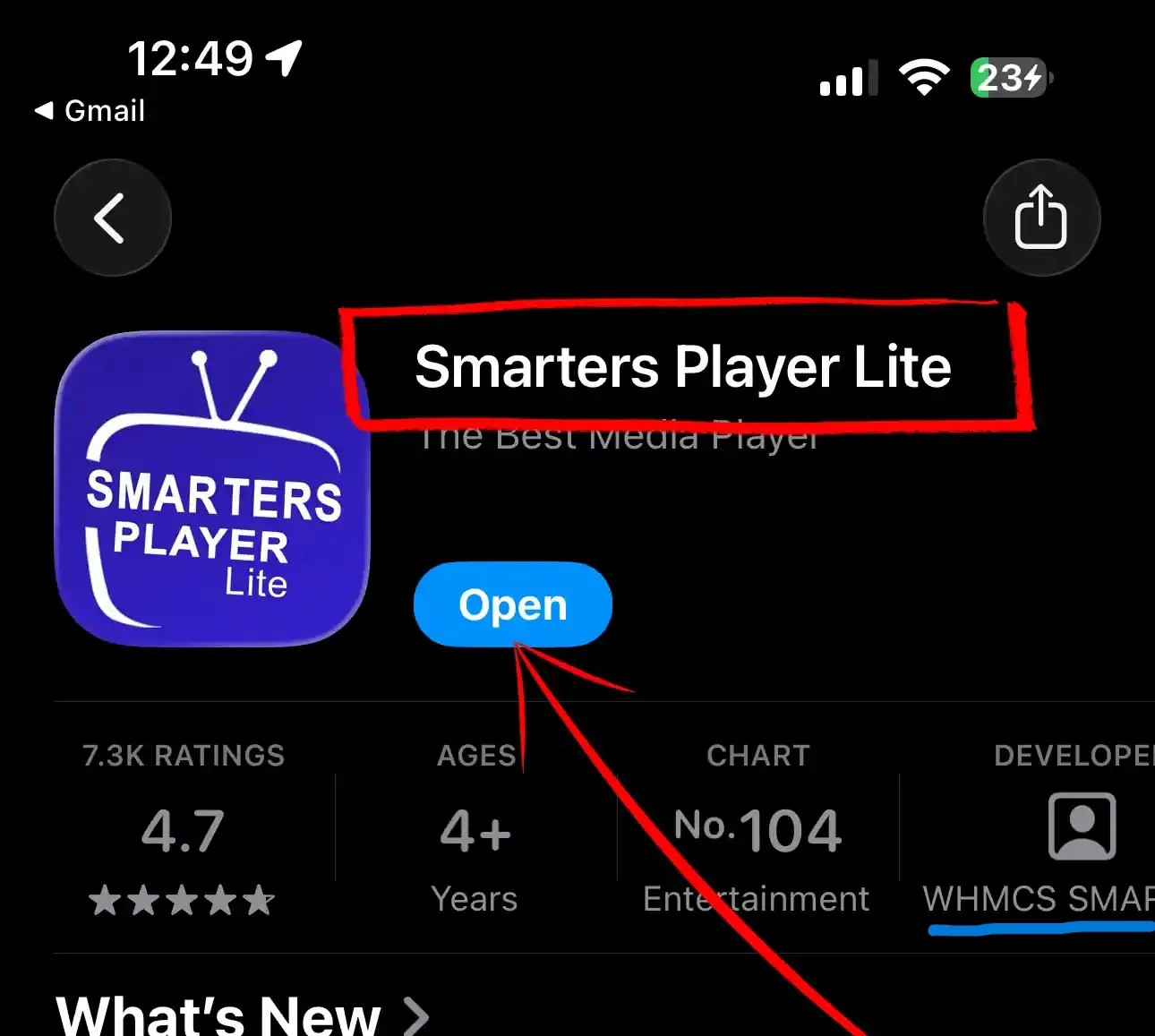 Smarters Player Lite on iPhone App Store by WHMCS SMARTERS — tap Open to launch IPTV app on iPhone iPad and Apple TV