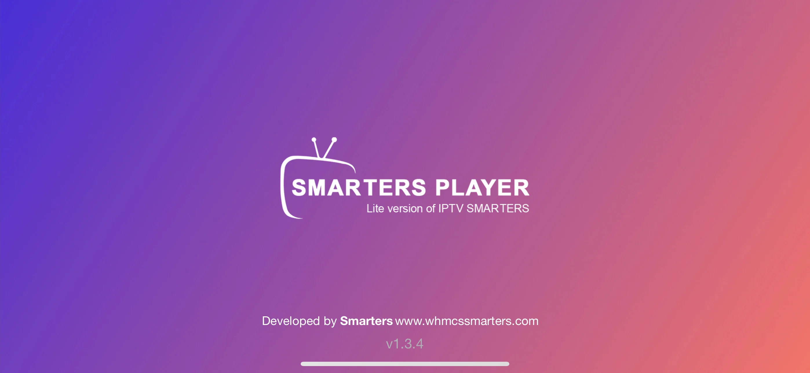 Smarters Player Lite launch splash screen on iPhone showing Lite version of IPTV SMARTERS loading for first time