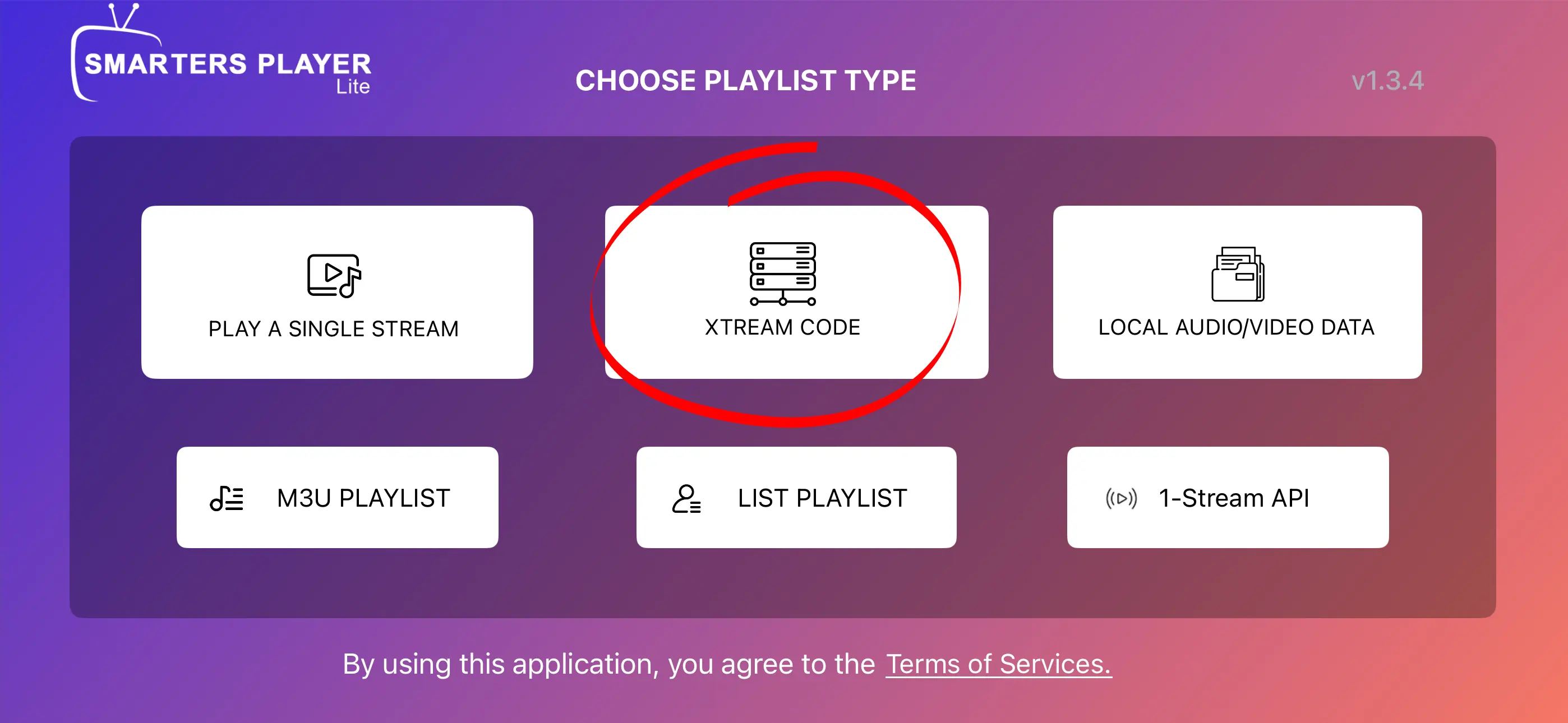 Smarters Player Lite Choose Playlist Type screen on iPhone — select Xtream Code to connect IPTV with server credentials