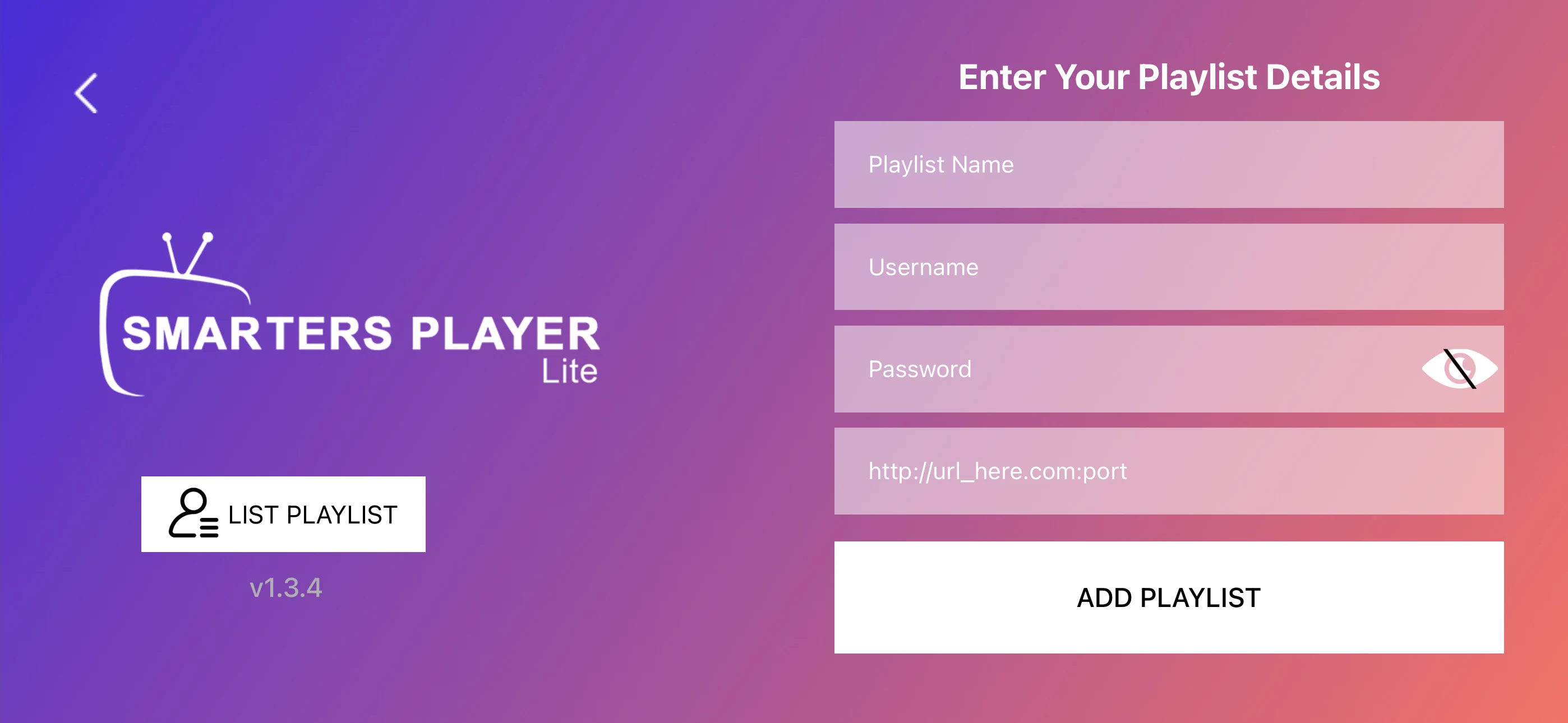 Smarters Player Lite Xtream Code credentials form on iPhone — enter Any Name Server URL Username and Password then tap Add User